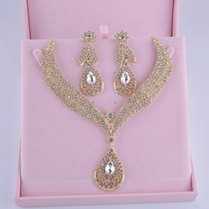 High quality india style golden plated bridal jewelry sets women wedding party rhinestone crystal dress necklace and earrings