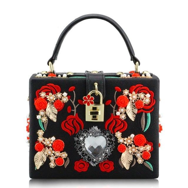 PU Embroidery Red Rose Flower Beaded Fashion Women Shoulder Handbags