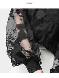 Ladies Floral Embroidery Blouses Transparent Lantern Sleeve Mesh Tops Stand Collar Loose Plus Size Women Black Chiffon Blouse