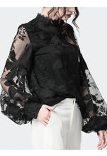 Load image into Gallery viewer, Ladies Floral Embroidery Blouses Transparent Lantern Sleeve Mesh Tops Stand Collar Loose Plus Size Women Black Chiffon Blouse