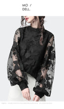 Load image into Gallery viewer, Ladies Floral Embroidery Blouses Transparent Lantern Sleeve Mesh Tops Stand Collar Loose Plus Size Women Black Chiffon Blouse