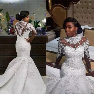 2020 African Nigerian Beaded Sheer Long Sleeves Mermaid Wedding Dress Custom-made Bridal Gowns