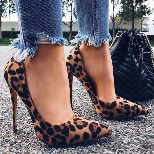LALA IKAI High Heels Leopard Shoes Women Pumps Office Lady Pointed Toe Flock Sexy 12 cm Wedding Sapato Feminino 014C1722 -49