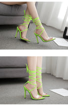 Load image into Gallery viewer, JINJOE Shoes Women Cross-tied Sandals Rome Heels Sexy pumps Stiletto Gladiator Fluorescent green pink Plus large size 43 Nylon