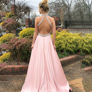 Elegant Pink Satin Prom Gowns Halter Crystal Beaded Full Length Backless Long Evening Party Dress Gowns Summer Maxi Dresses