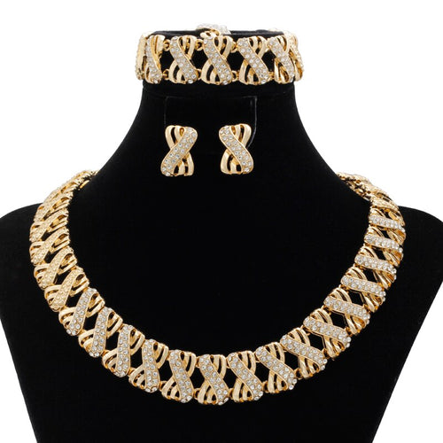 2019 New Fashion Italian Holiday Gift Dubai Wedding Women 18 Gold Hollow Necklace Crystal Jewelry Sets Elegant Bridal Jewelry