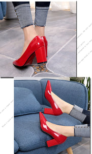 2018 New Women Pumps Black High heels 7.5cm Lady Patent leather Thick with Autumn Pointed Single Shoes Female Sandals Big 33-43