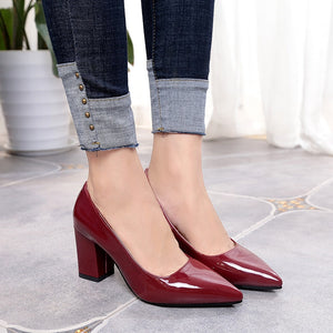 2018 New Women Pumps Black High heels 7.5cm Lady Patent leather Thick with Autumn Pointed Single Shoes Female Sandals Big 33-43