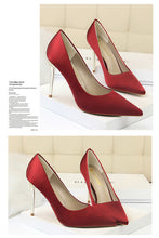 Load image into Gallery viewer, Metal Heel Shoes Women Silk Thin High Pumps Satin Heel Sexy Elegant High Heels Yellow 34 42 43 Pointed Fashion Female Shoes