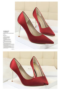 Metal Heel Shoes Women Silk Thin High Pumps Satin Heel Sexy Elegant High Heels Yellow 34 42 43 Pointed Fashion Female Shoes