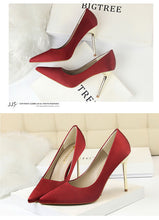 Load image into Gallery viewer, Metal Heel Shoes Women Silk Thin High Pumps Satin Heel Sexy Elegant High Heels Yellow 34 42 43 Pointed Fashion Female Shoes