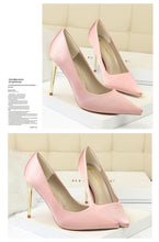 Load image into Gallery viewer, Metal Heel Shoes Women Silk Thin High Pumps Satin Heel Sexy Elegant High Heels Yellow 34 42 43 Pointed Fashion Female Shoes