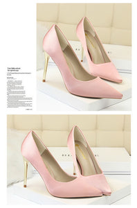Metal Heel Shoes Women Silk Thin High Pumps Satin Heel Sexy Elegant High Heels Yellow 34 42 43 Pointed Fashion Female Shoes
