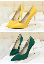 Load image into Gallery viewer, Metal Heel Shoes Women Silk Thin High Pumps Satin Heel Sexy Elegant High Heels Yellow 34 42 43 Pointed Fashion Female Shoes