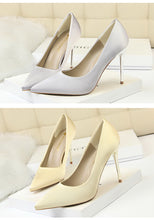 Load image into Gallery viewer, Metal Heel Shoes Women Silk Thin High Pumps Satin Heel Sexy Elegant High Heels Yellow 34 42 43 Pointed Fashion Female Shoes