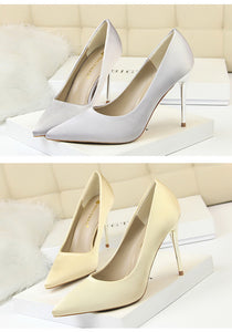 Metal Heel Shoes Women Silk Thin High Pumps Satin Heel Sexy Elegant High Heels Yellow 34 42 43 Pointed Fashion Female Shoes