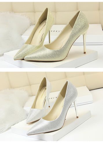 Metal Heel Shoes Women Silk Thin High Pumps Satin Heel Sexy Elegant High Heels Yellow 34 42 43 Pointed Fashion Female Shoes