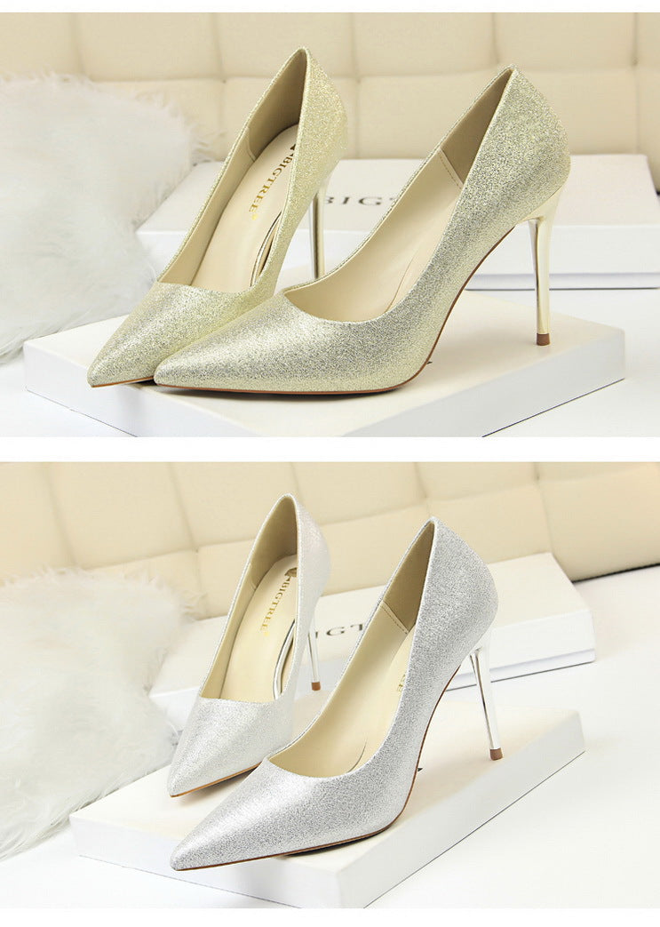 Metal Heel Shoes Women Silk Thin High Pumps Satin Heel Sexy Elegant High Heels Yellow 34 42 43 Pointed Fashion Female Shoes