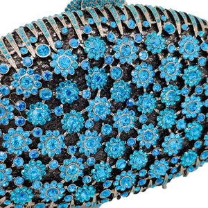 Boutique De FGG Peacock Blue Luxury Handbags Women Crystal Clutch Flower Evening Bags Wedding Floral Handbags Bridal Party Purse