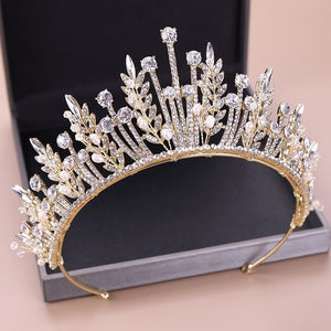 KMVEXO Baroque Luxury Bridal Crystal Leaf Crowns Princess Queen Pageant Prom Pearl Veil Tiaras Headband Wedding Hair Accessories