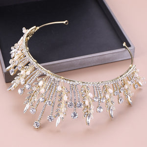 KMVEXO Baroque Luxury Bridal Crystal Leaf Crowns Princess Queen Pageant Prom Pearl Veil Tiaras Headband Wedding Hair Accessories