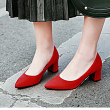 Load image into Gallery viewer, Meotina Thick High Heels Shoes Women Pumps Pointed Toe Work Shoes Slip On High Heels Spring Footwear Big Size 9 42 43 Red Yellow
