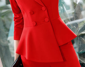 Women Red blazer Slim Spring Autumn new Elegant Office Lady Jacket Work Suit Ruffled Double Breasted blazer solid Dushicolorful