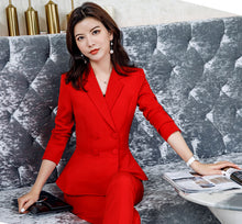 Load image into Gallery viewer, Women Red blazer Slim Spring Autumn new Elegant Office Lady Jacket Work Suit Ruffled Double Breasted blazer solid Dushicolorful