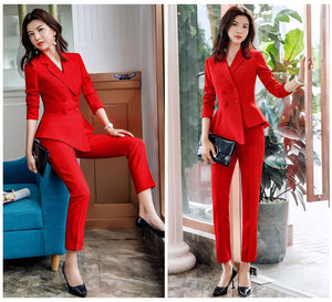 Women Red blazer Slim Spring Autumn new Elegant Office Lady Jacket Work Suit Ruffled Double Breasted blazer solid Dushicolorful