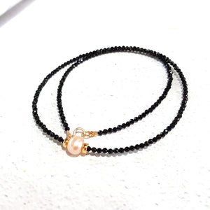 LiiJi Unique Choker Necklace Real Black Spinel 1-2mm Beads Pink Freshwater Pearl 925 Sterling Silver Gold Color Women Jewelry