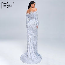 Load image into Gallery viewer, Missord 2020 Women Sexy Off Shoulder Feather Long  Sleeve Sequin floor length Evening  Maxi Reflective Dress Vestdios  FT19005-1