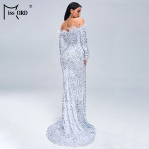 Missord 2020 Women Sexy Off Shoulder Feather Long  Sleeve Sequin floor length Evening  Maxi Reflective Dress Vestdios  FT19005-1