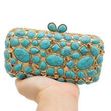 Load image into Gallery viewer, Boutique De FGG Women Clutch Purse Evening Bag Clutches Luxury Blue Turquoise Agate Stone Crystal Minaudiere Bag Wedding Handbag