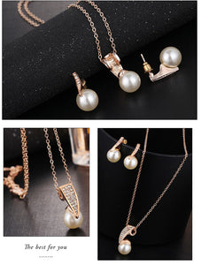 17KM Fashion Imitation Pearl Jewelry Sets Rhinestone Gold Color Necklace Sets for Women Bridal Wedding Water Drop Earrings