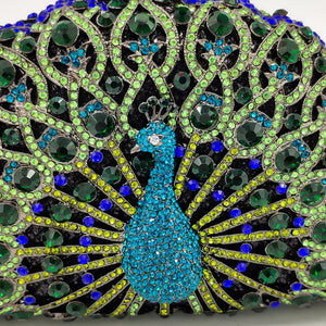 Boutique De FGG Green Crystal Women Peacock Clutch Evening Bag Party Minaudiere Handbag Wedding Clutches Bridal Diamond Purse