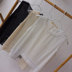 Cakucool Women Beading Blouse Shirt Sleeveless Summer Chiffon Tops Pearl Tassels Cute Sexy Girls Blusas Top Shirts