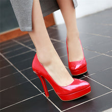 Load image into Gallery viewer, Big Size 48 Elegant Office Women Platform Pumps 12cm Super High Thin Spike Heel Dress Party Pointed Toe Red Patent Leather Pumps
