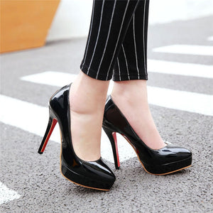 Big Size 48 Elegant Office Women Platform Pumps 12cm Super High Thin Spike Heel Dress Party Pointed Toe Red Patent Leather Pumps