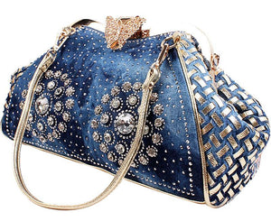 Chic Denim Fireworks Rhinestones Women Handbag Top Handle Butterfly Decoration Patchwork Ladies Shoulder Bag Clutch