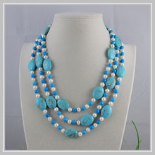 Load image into Gallery viewer, Unique Pearls jewellery Store,3rows Blue Turquoise White Freshwater Pearl Necklace,Charming Women Gift Jewelry