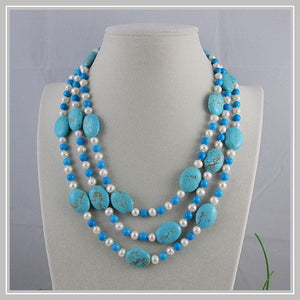 Unique Pearls jewellery Store,3rows Blue Turquoise White Freshwater Pearl Necklace,Charming Women Gift Jewelry