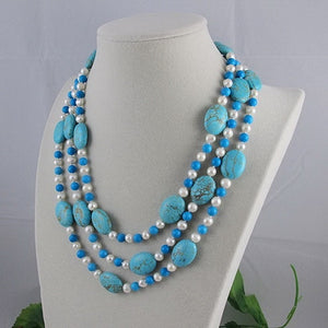 Unique Pearls jewellery Store,3rows Blue Turquoise White Freshwater Pearl Necklace,Charming Women Gift Jewelry