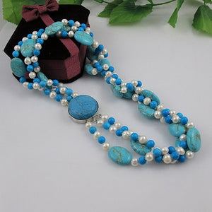 Unique Pearls jewellery Store,3rows Blue Turquoise White Freshwater Pearl Necklace,Charming Women Gift Jewelry