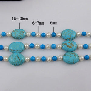 Unique Pearls jewellery Store,3rows Blue Turquoise White Freshwater Pearl Necklace,Charming Women Gift Jewelry