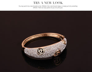 Fashion Wedding Jewelry Set Gold Color Full Rhinestone Necklace Bangle Ring Earrings Party Set