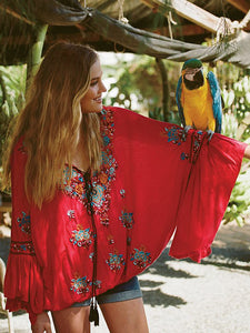 Boho Blouse 2020 floral embroidered flare long sleeve v-neck Casual holiday chic Bohemia loose style women top Hippie Blouses