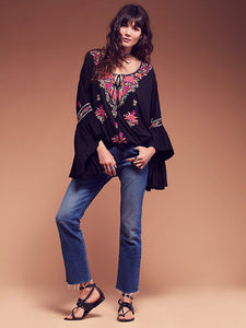 Boho Blouse 2020 floral embroidered flare long sleeve v-neck Casual holiday chic Bohemia loose style women top Hippie Blouses