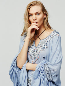 Boho Blouse 2020 floral embroidered flare long sleeve v-neck Casual holiday chic Bohemia loose style women top Hippie Blouses