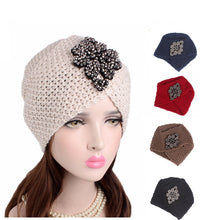 Load image into Gallery viewer, Muslim Women Cross Rhinestone Winter Warm Wool Knit Turban Hat Beanie Sleep Chemo Headwear Cancer Patients Hair Accessories