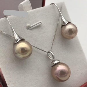 New AA12-13 mm real natural  purple south sea pearl Tibetan silver earrings Pendant necklace set